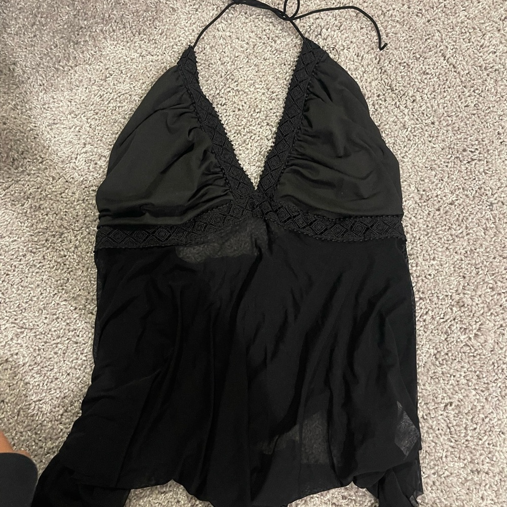 SHEIN Black Sheer Halter Camisole with Lace Trim